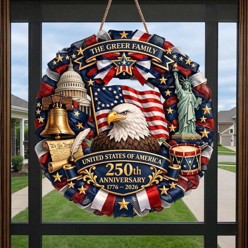Patriotic Wreath USA 250th Anniversary 1776-2026, American Eagle Door Hanger, Semiquincentennial Decor, Custom Family Front Door Decor