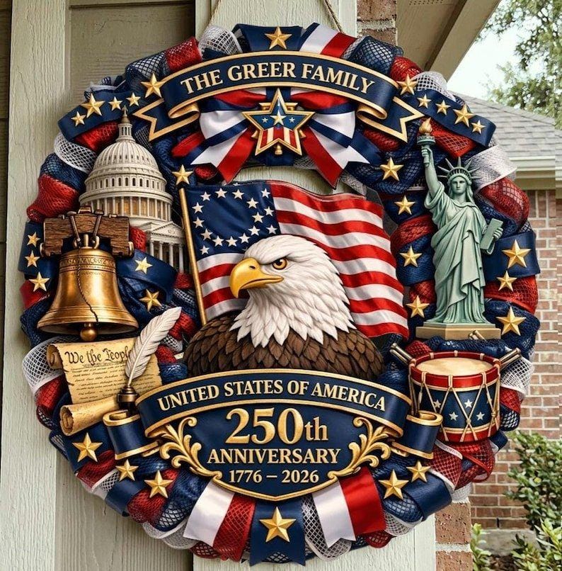 Patriotic Wreath USA 250th Anniversary 1776-2026, American Eagle Door Hanger, Semiquincentennial Decor, Custom Family Front Door Decor